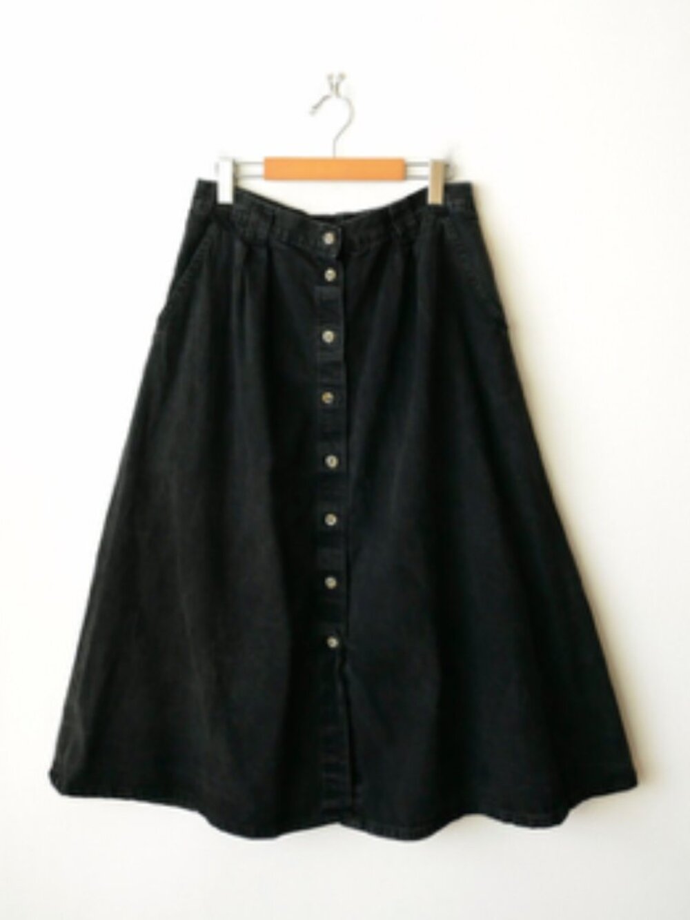 Vintage Washed Black Denim Button down A-line Midi Skirt- W29-32